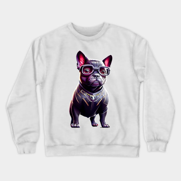 Frenchie in Sleek Feline Attire Crewneck Sweatshirt by fur-niche